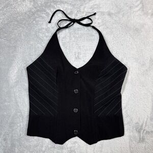 Vintage Rag Halter Top Women Small Black Button Pinstripe USA 90s Y2K